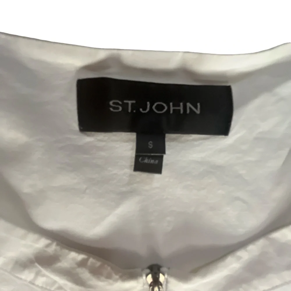 St. John White Zip Up Short Sleeve Crisp Cotton Blouse Size S - Picture 2 of 8